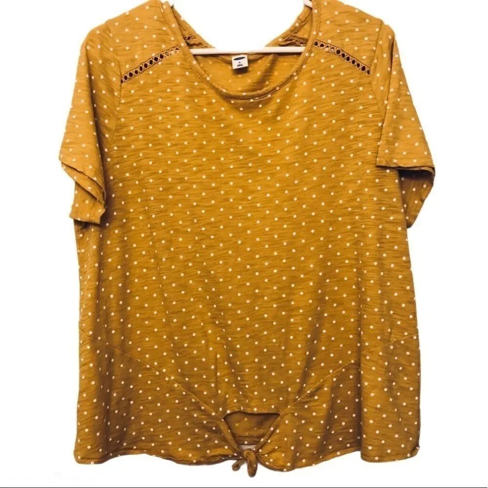 Old navy tie front mustard marigold yellow polka dot top front tie t shirt XL